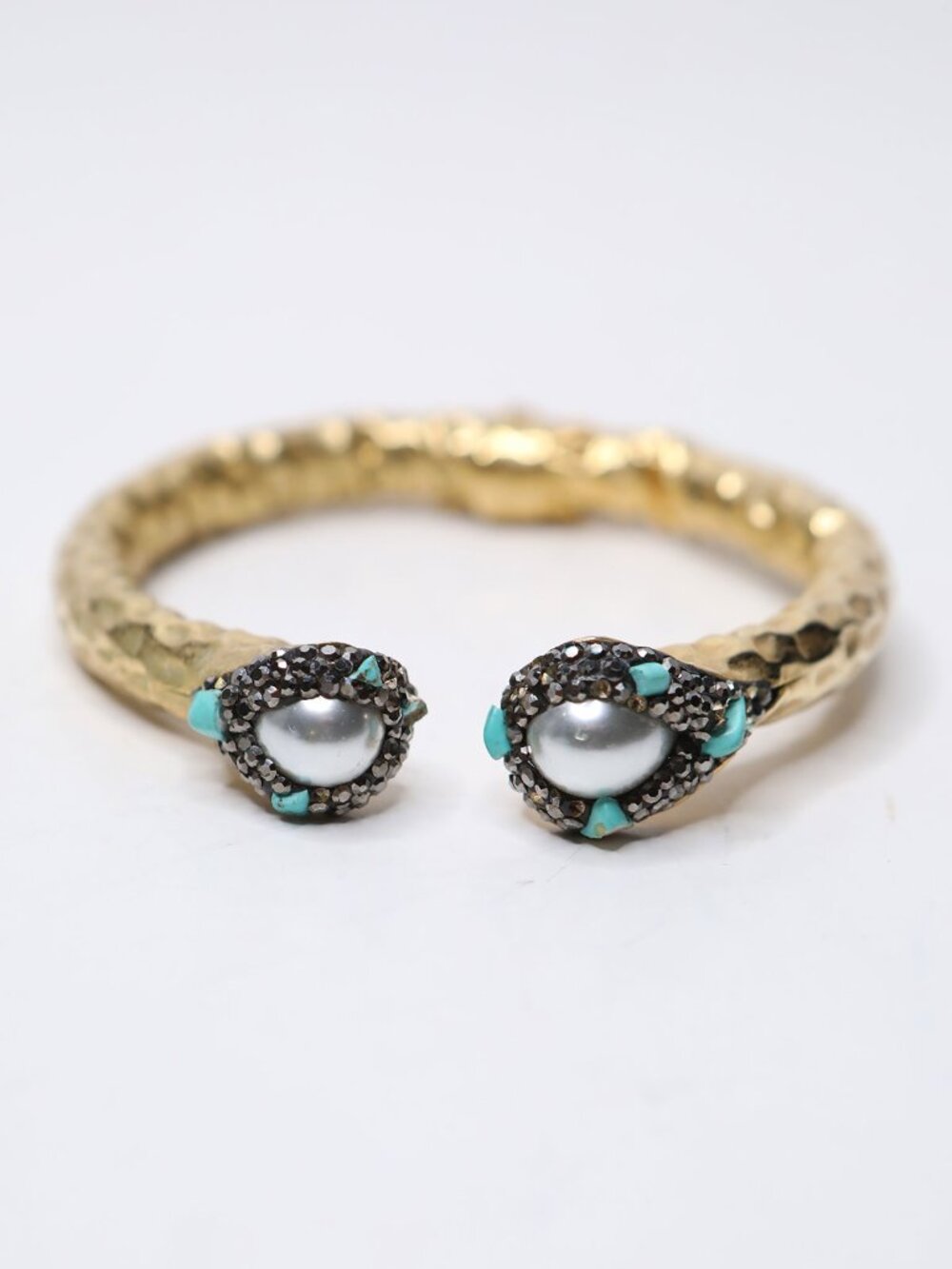 Bohemian Hammered Gold Cuff Bracelet - Faux Pearl & Turquoise Accents - Hinged